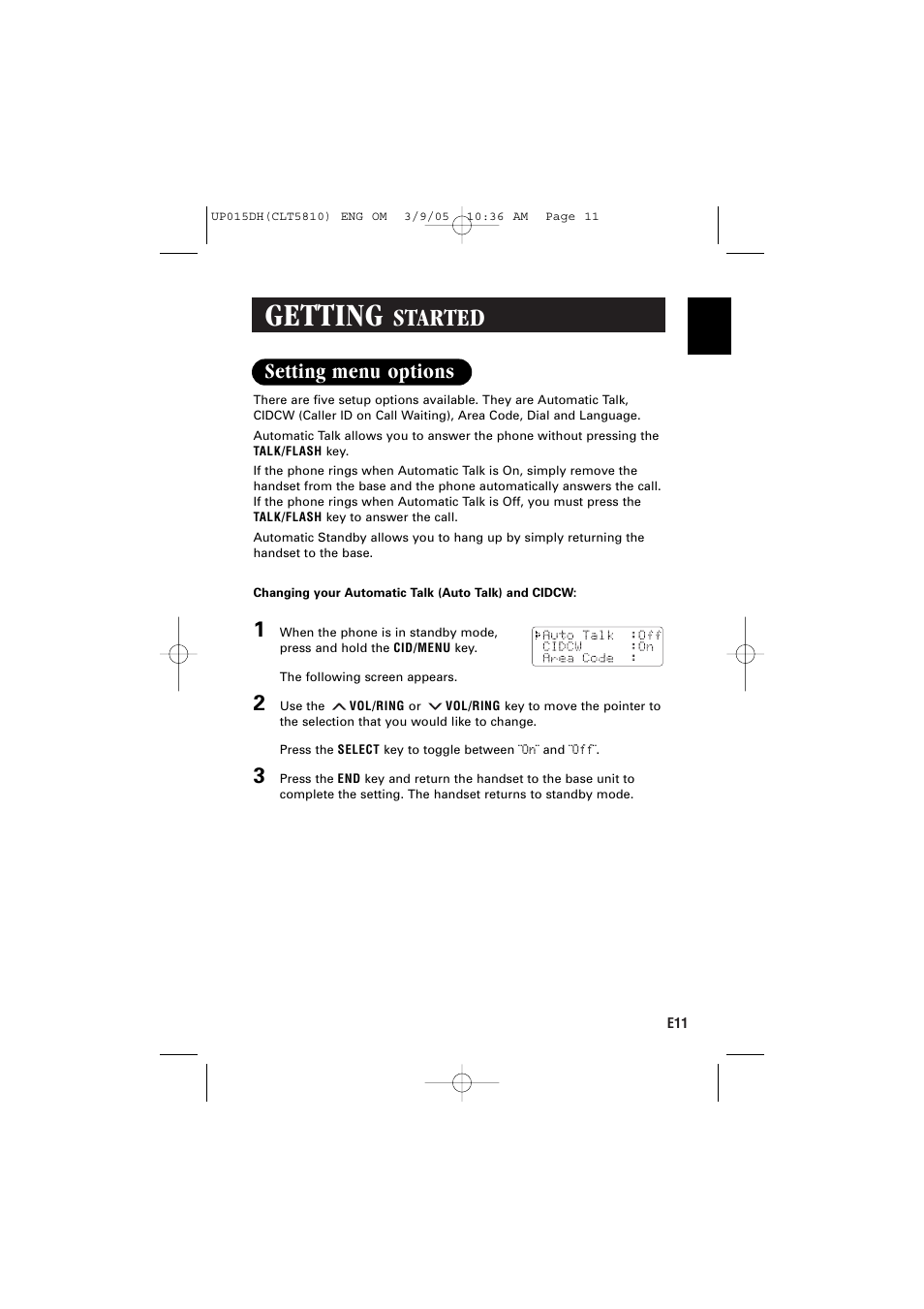 Getting, Started, Setting menu options | Sanyo CLT-5810 User Manual | Page 13 / 48