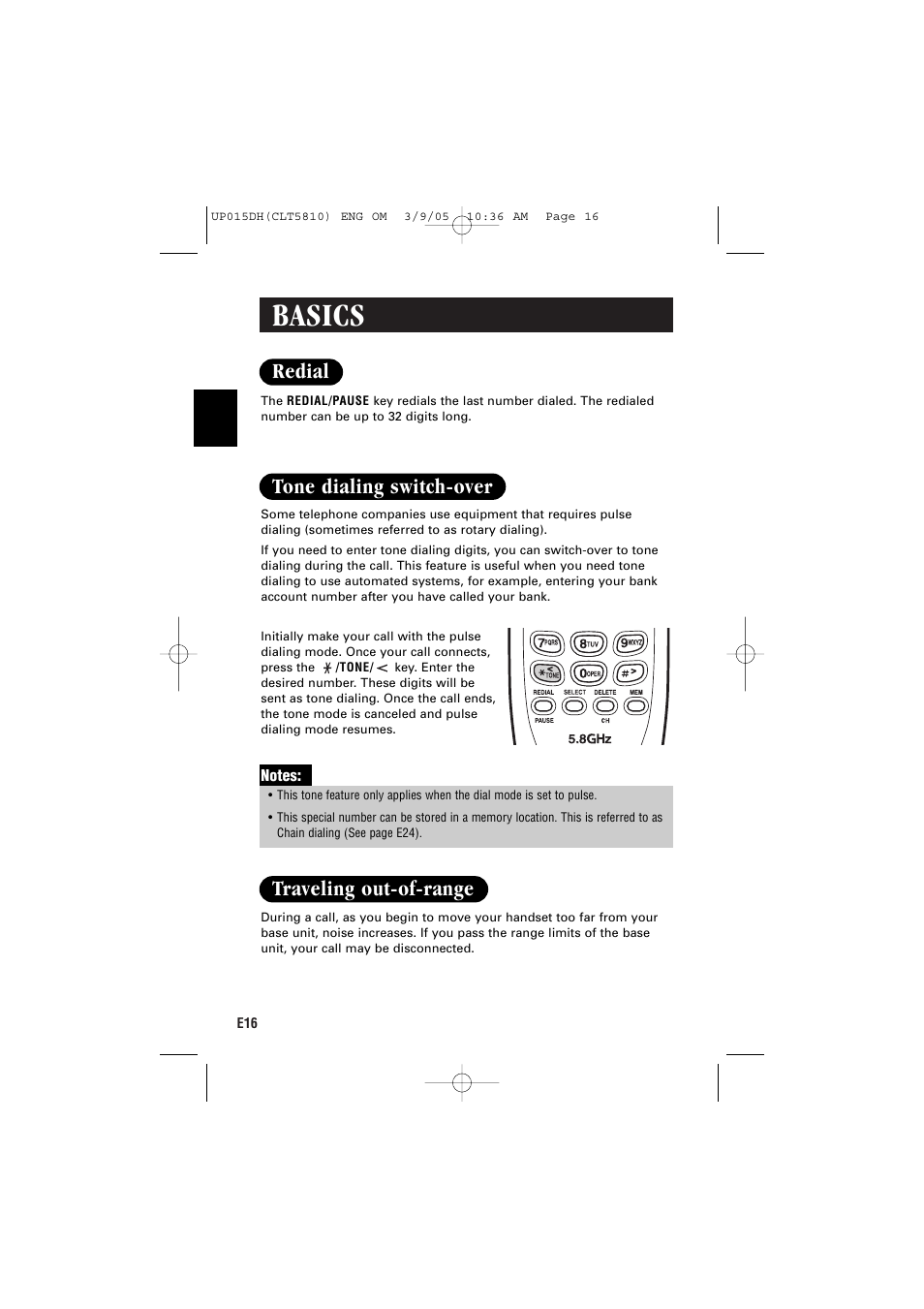 Basics, Redial, Tone dialing switch-over traveling out-of-range | Sanyo CLT-5810 User Manual | Page 18 / 48