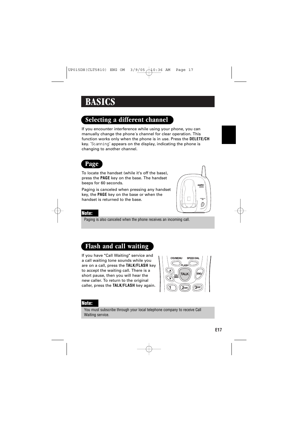 Basics, Selecting a different channel, Page | Flash and call waiting | Sanyo CLT-5810 User Manual | Page 19 / 48