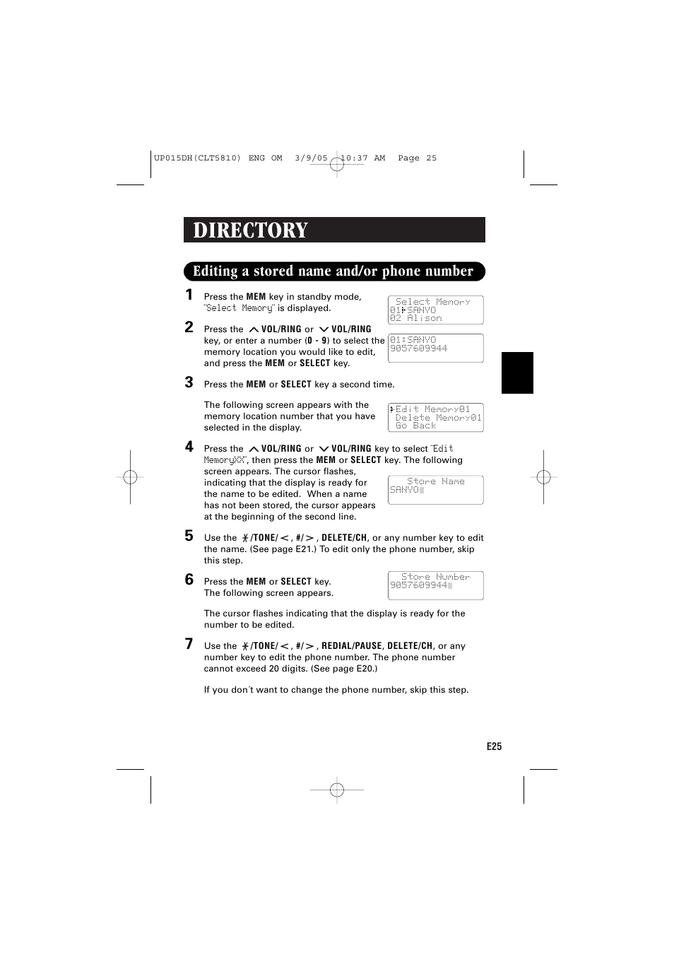 Directory, Editing a stored name and/or phone number | Sanyo CLT-5810 User Manual | Page 27 / 48