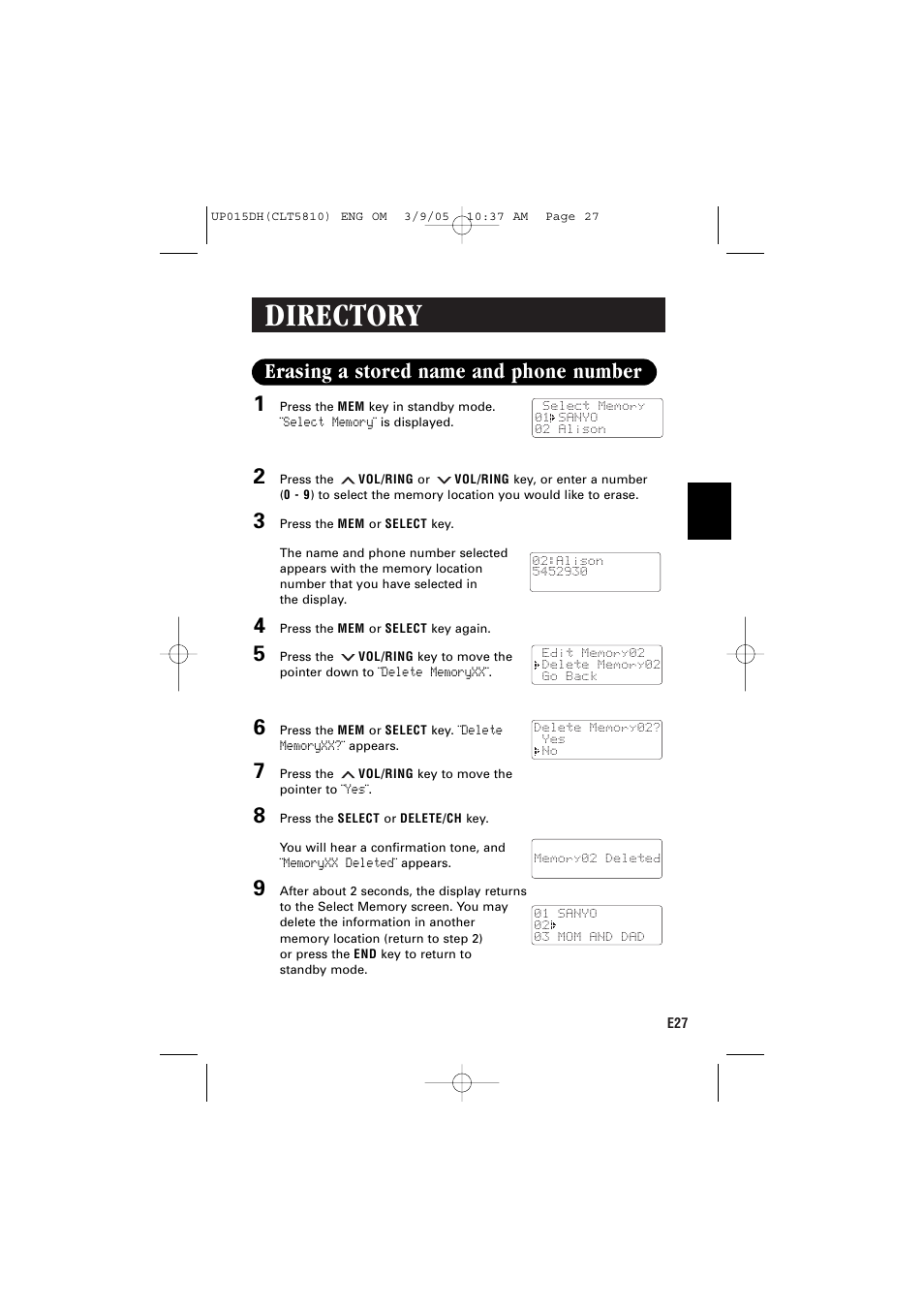 Directory, Erasing a stored name and phone number | Sanyo CLT-5810 User Manual | Page 29 / 48