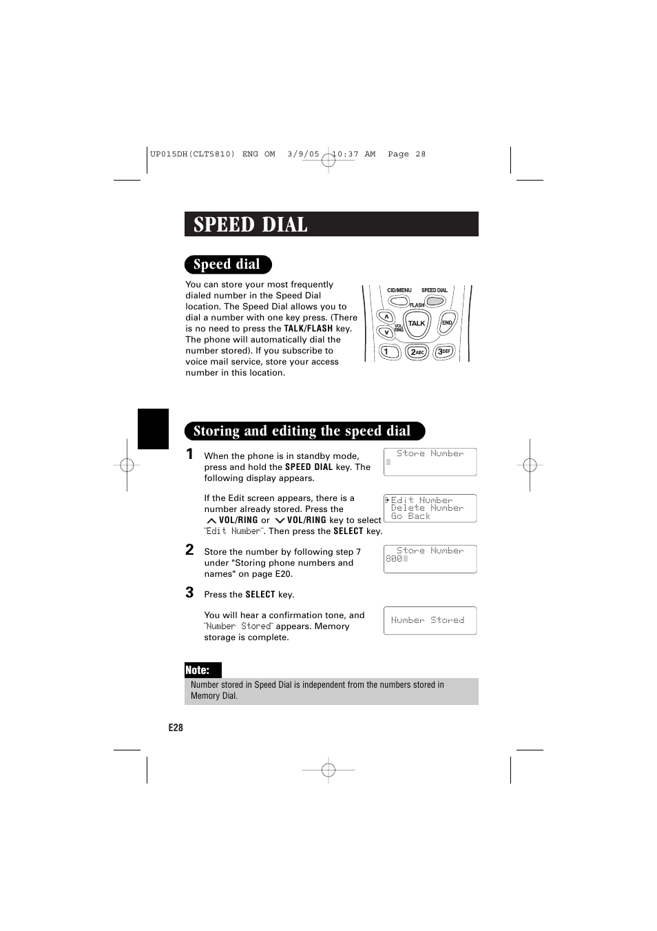 Speed dial, Speed dial 1, Storing and editing the speed dial | Sanyo CLT-5810 User Manual | Page 30 / 48