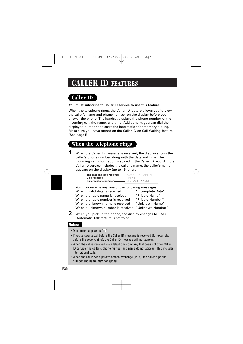 Caller id, Features, Caller id 1 | When the telephone rings | Sanyo CLT-5810 User Manual | Page 32 / 48