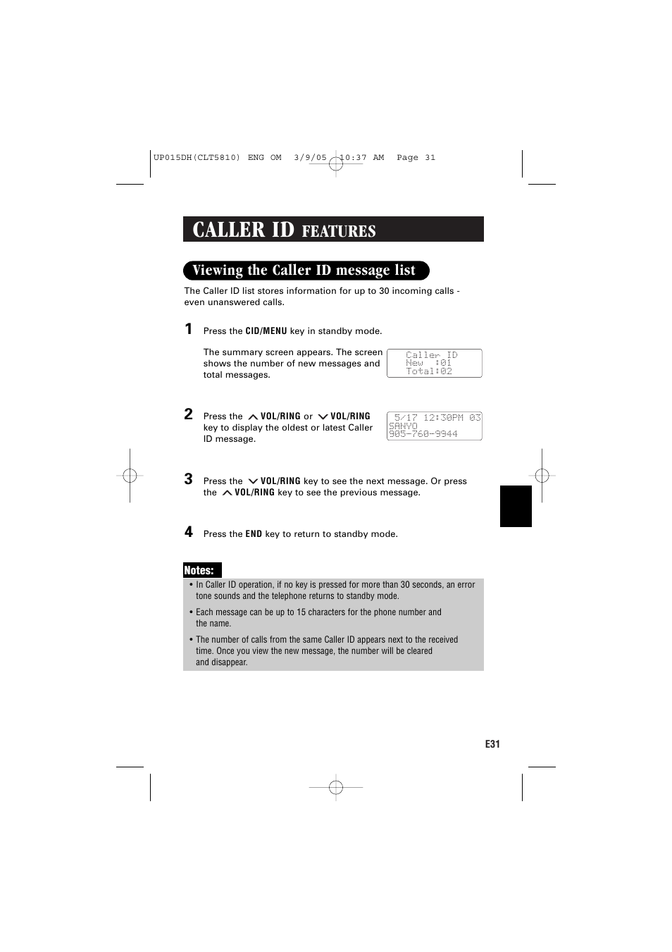 Caller id, Features, Viewing the caller id message list | Sanyo CLT-5810 User Manual | Page 33 / 48