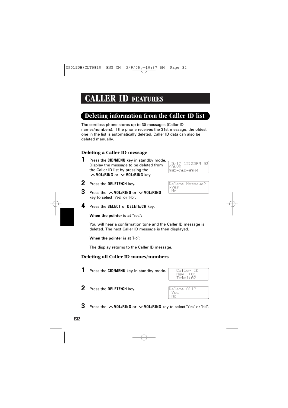 Caller id, Features, Deleting information from the caller id list | Sanyo CLT-5810 User Manual | Page 34 / 48