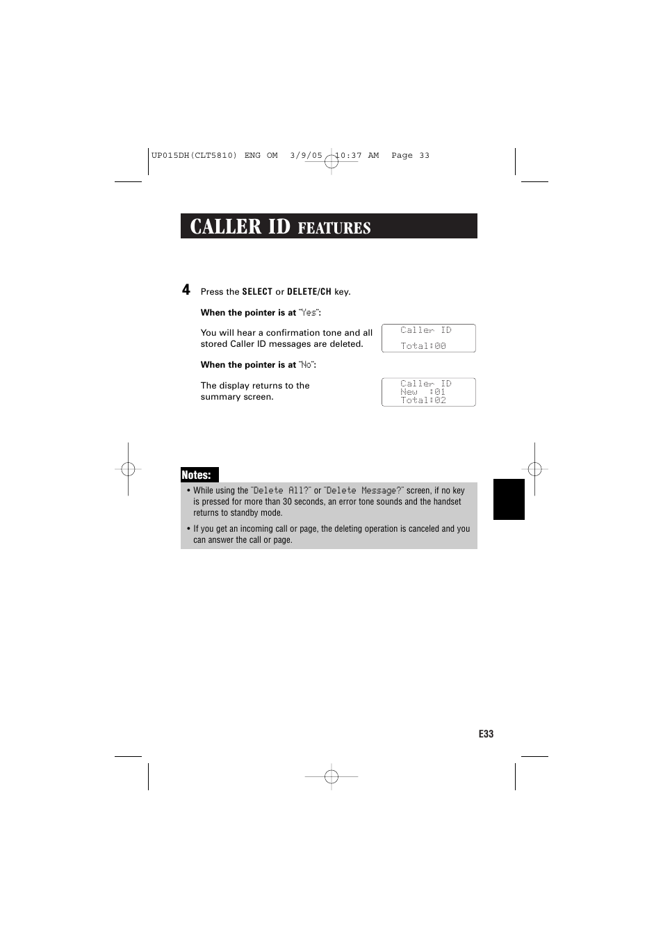 Caller id, Features | Sanyo CLT-5810 User Manual | Page 35 / 48