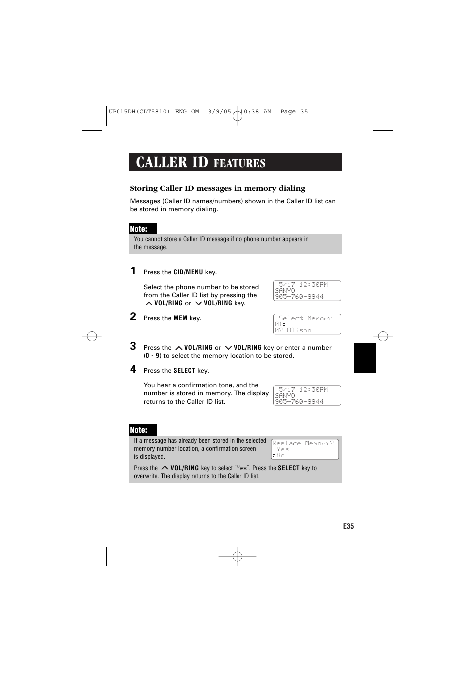 Caller id, Features | Sanyo CLT-5810 User Manual | Page 37 / 48
