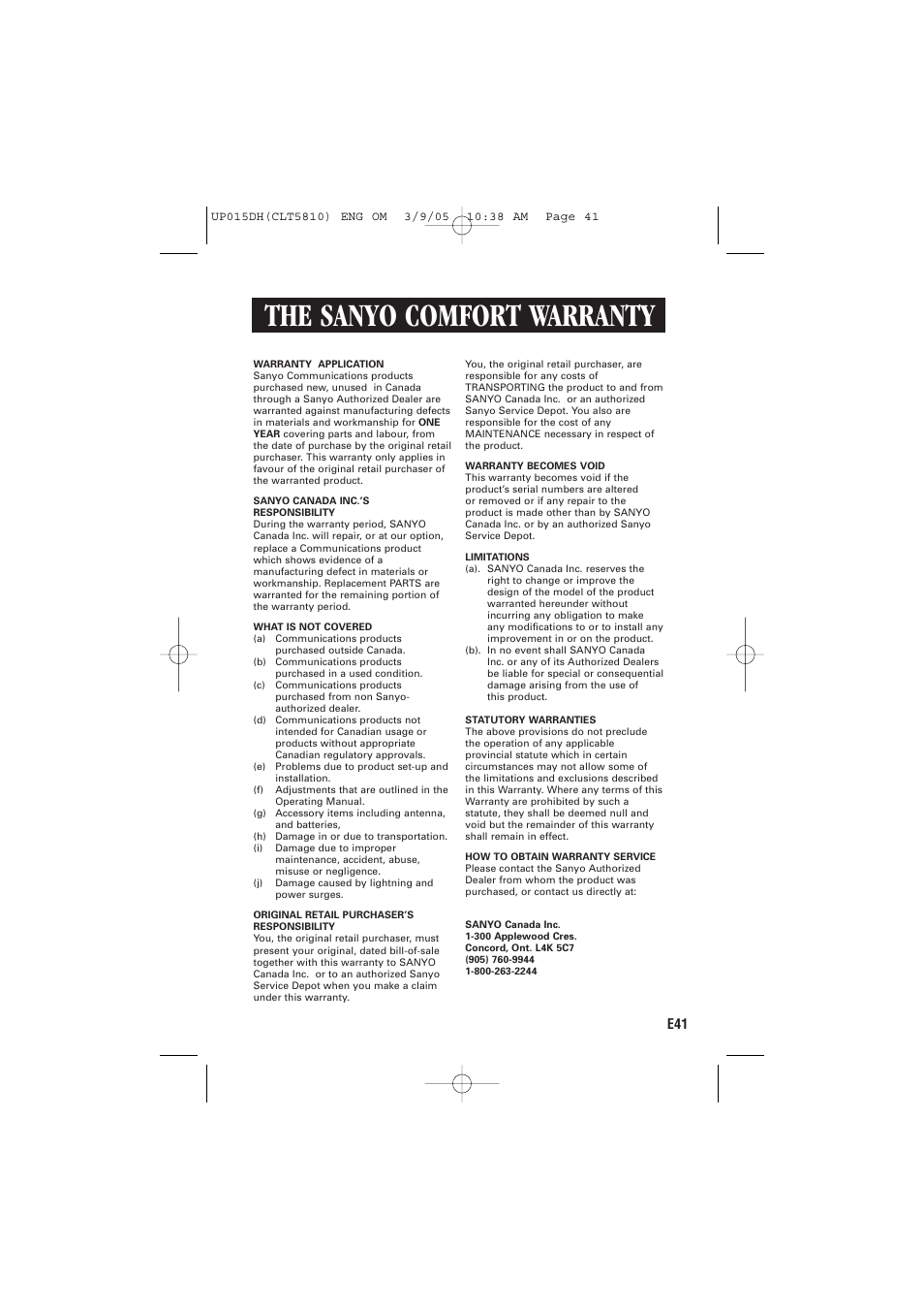 The sanyo comfort warranty | Sanyo CLT-5810 User Manual | Page 43 / 48