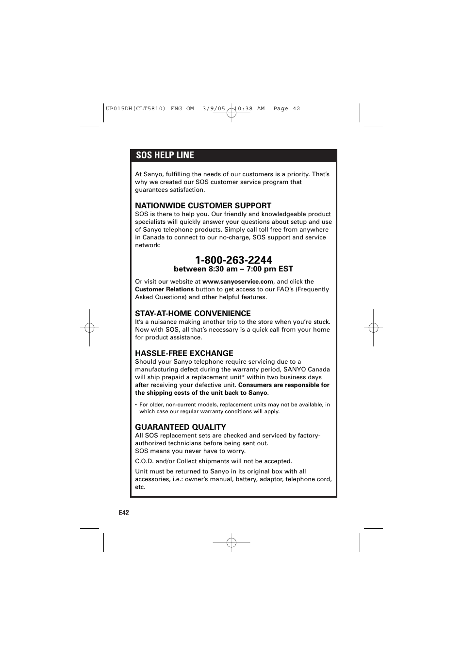 Sos help line | Sanyo CLT-5810 User Manual | Page 44 / 48