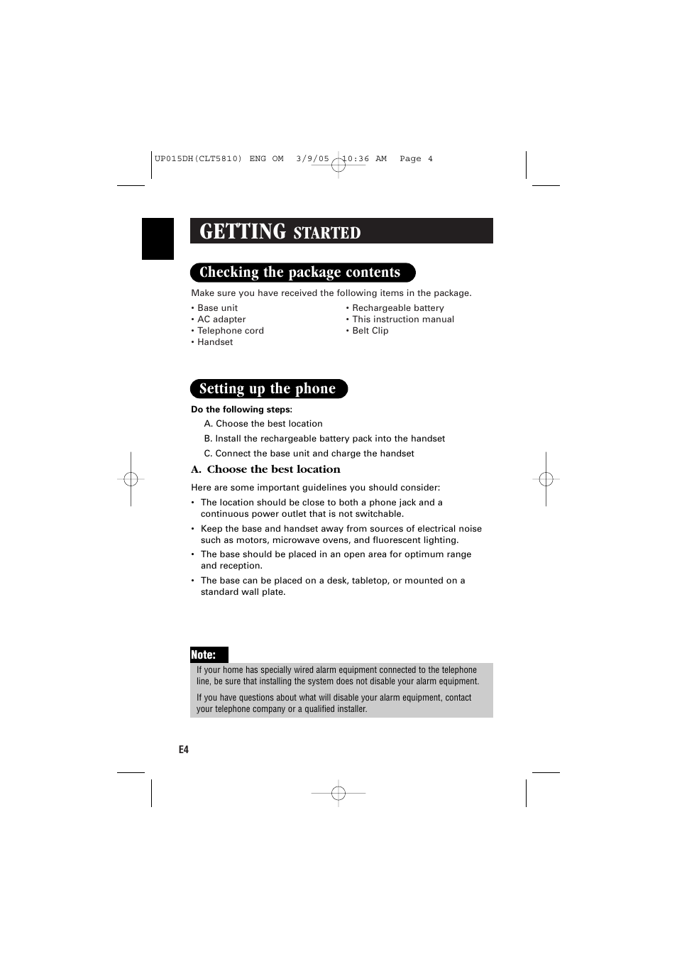 Getting, Started, Checking the package contents setting up the phone | Sanyo CLT-5810 User Manual | Page 6 / 48