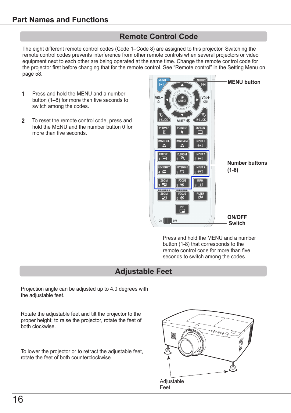 Remote control code, Adjustable feet, Part names and functions remote control code | Sanyo PJLINK PLC-ZM5000L User Manual | Page 16 / 92