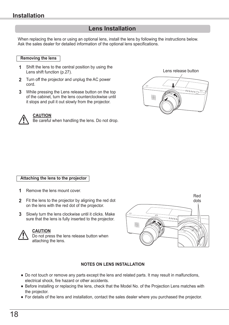 Lens installation, Installation | Sanyo PJLINK PLC-ZM5000L User Manual | Page 18 / 92
