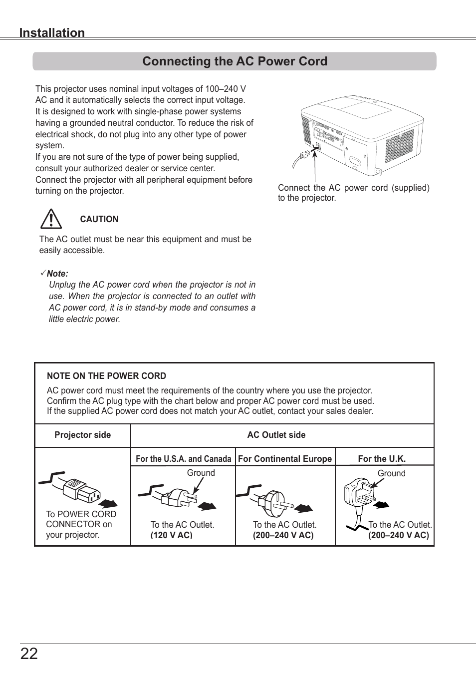 Connecting the ac power cord, Basic operation, Installation | Sanyo PJLINK PLC-ZM5000L User Manual | Page 22 / 92