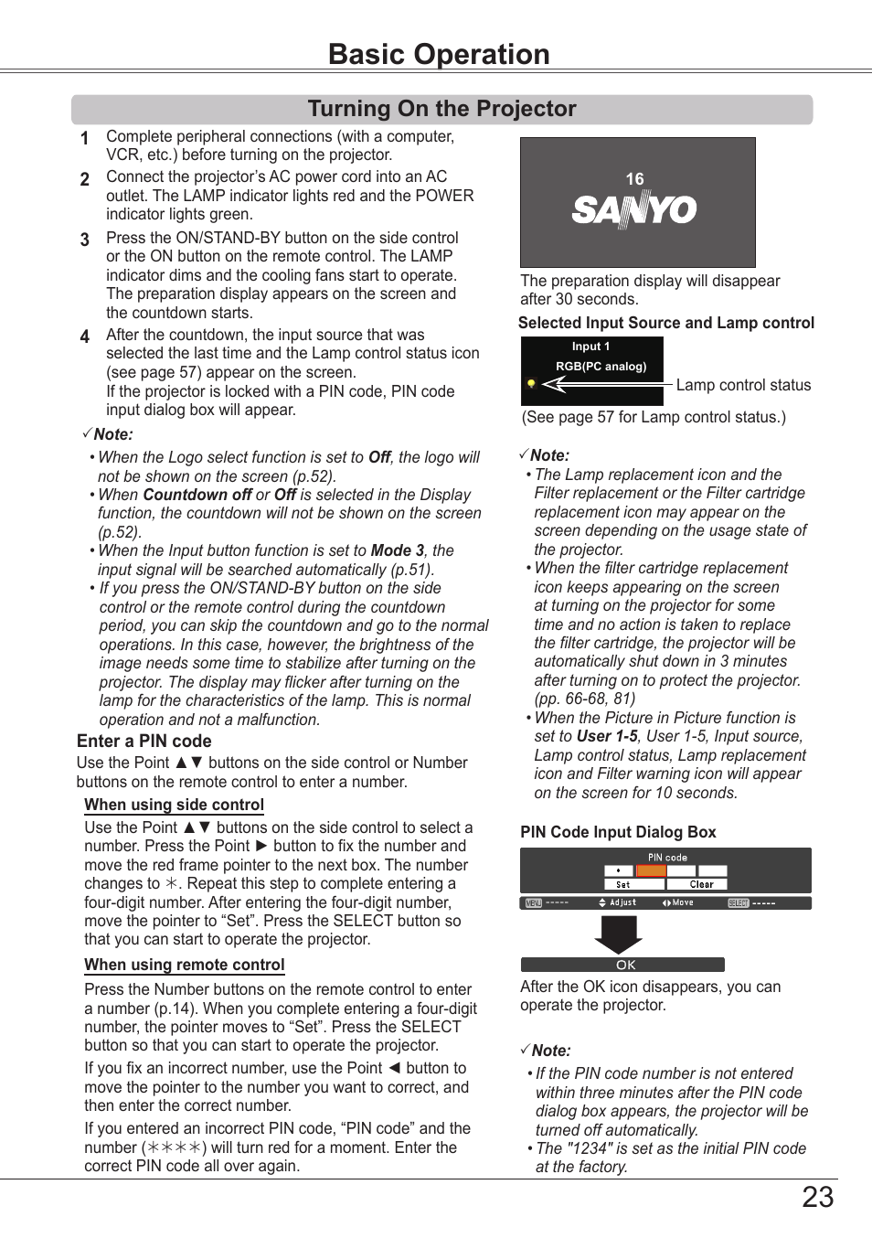 Basic operation, Turning on the projector | Sanyo PJLINK PLC-ZM5000L User Manual | Page 23 / 92
