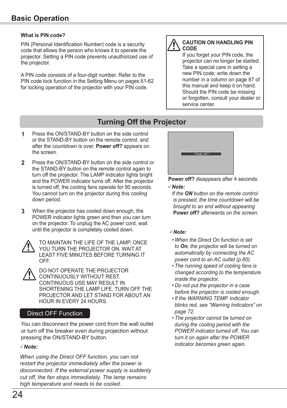 Turning off the projector, Basic operation | Sanyo PJLINK PLC-ZM5000L User Manual | Page 24 / 92