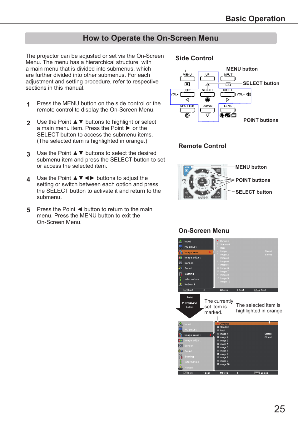 How to operate the on-screen menu, Basic operation how to operate the on-screen menu | Sanyo PJLINK PLC-ZM5000L User Manual | Page 25 / 92