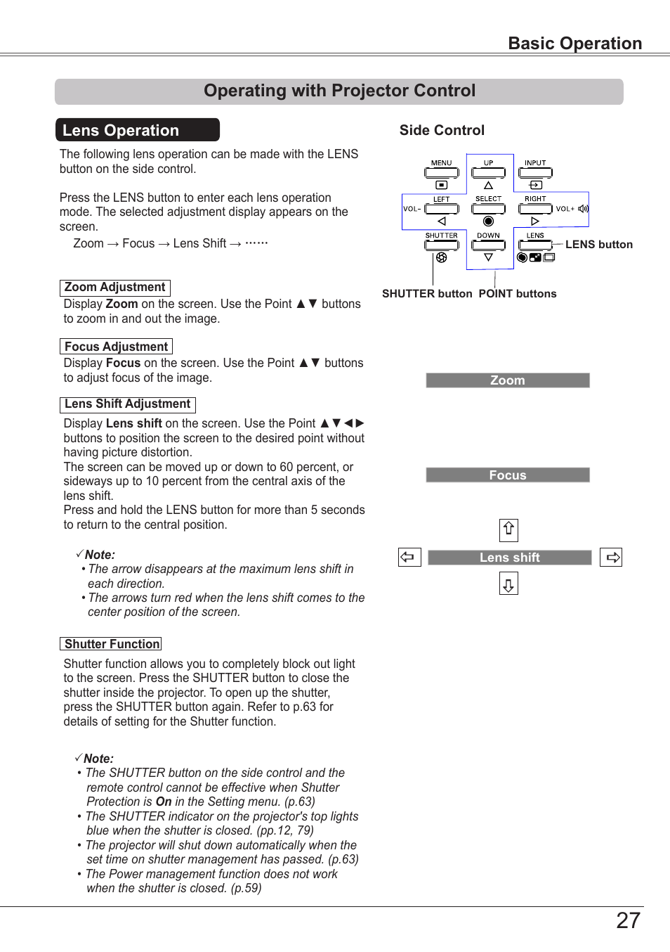 Operating with projector control, Basic operation | Sanyo PJLINK PLC-ZM5000L User Manual | Page 27 / 92