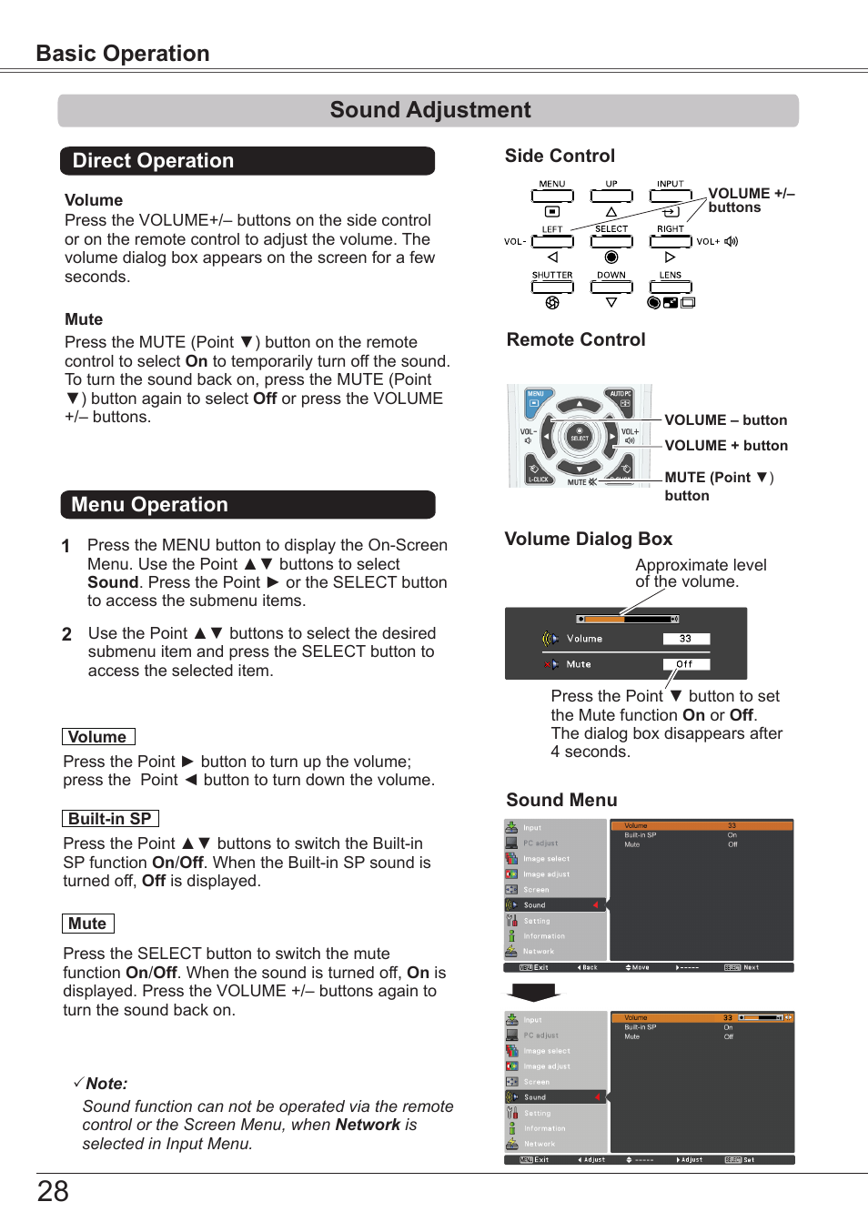 Sound adjustment, Basic operation, Direct operation menu operation | Sanyo PJLINK PLC-ZM5000L User Manual | Page 28 / 92