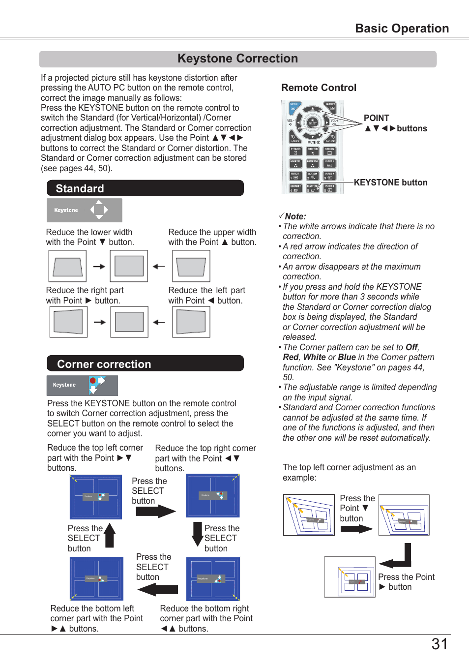 Keystone correction, Basic operation, Standard corner correction | Sanyo PJLINK PLC-ZM5000L User Manual | Page 31 / 92