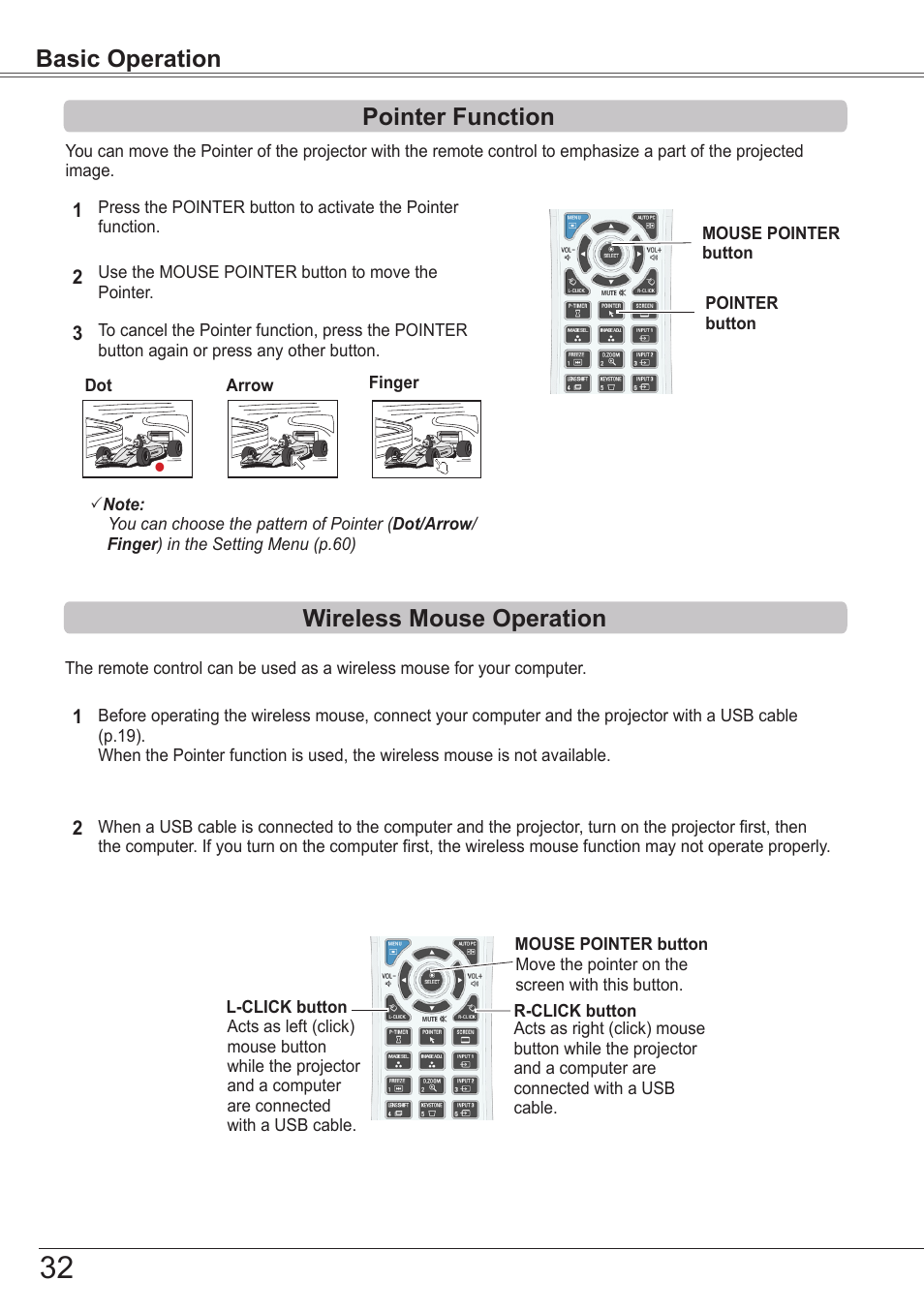 Pointer function, Wireless mouse operation | Sanyo PJLINK PLC-ZM5000L User Manual | Page 32 / 92