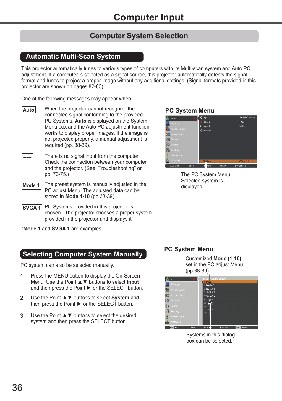 Computer input, Computer system selection | Sanyo PJLINK PLC-ZM5000L User Manual | Page 36 / 92