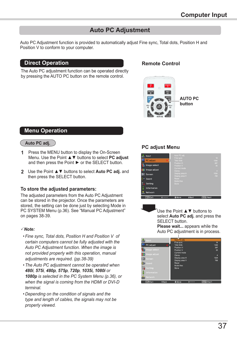 Auto pc adjustment, Computer input | Sanyo PJLINK PLC-ZM5000L User Manual | Page 37 / 92