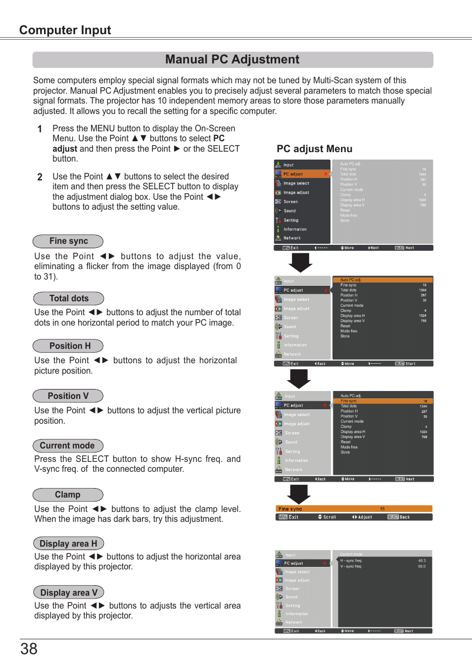 Manual pc adjustment, Computer input | Sanyo PJLINK PLC-ZM5000L User Manual | Page 38 / 92