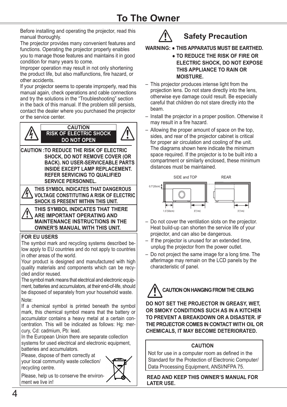 To the owner, Safety precaution | Sanyo PJLINK PLC-ZM5000L User Manual | Page 4 / 92