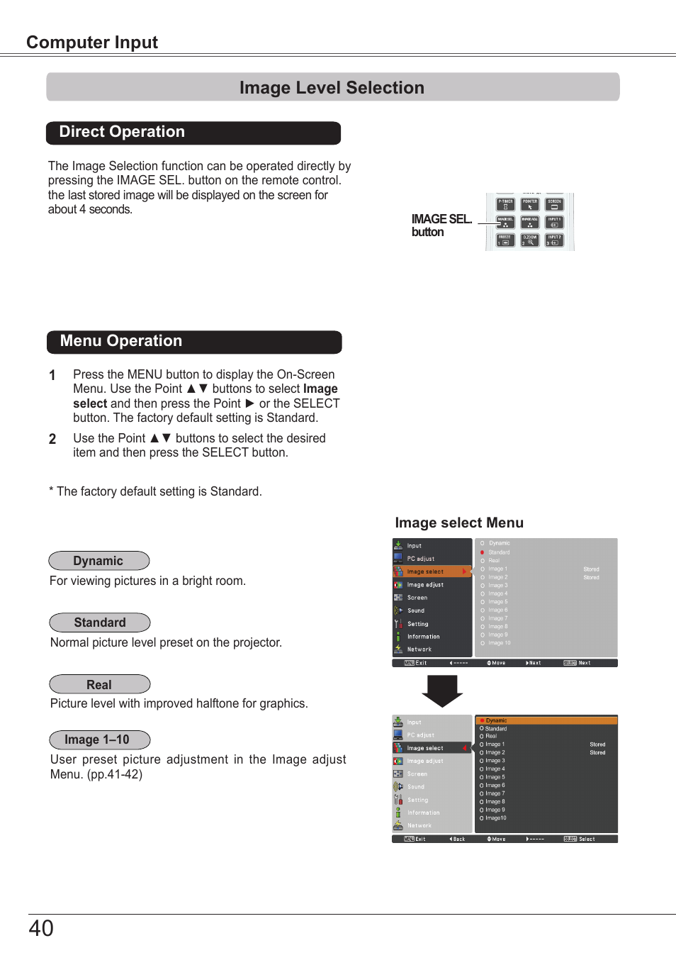 Image level selection, Computer input image level selection | Sanyo PJLINK PLC-ZM5000L User Manual | Page 40 / 92