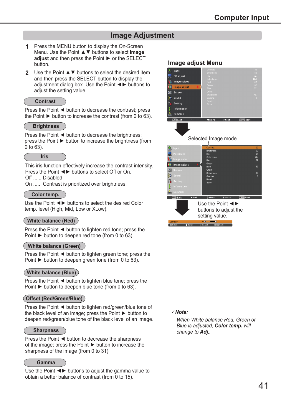 Image adjustment, Computer input | Sanyo PJLINK PLC-ZM5000L User Manual | Page 41 / 92