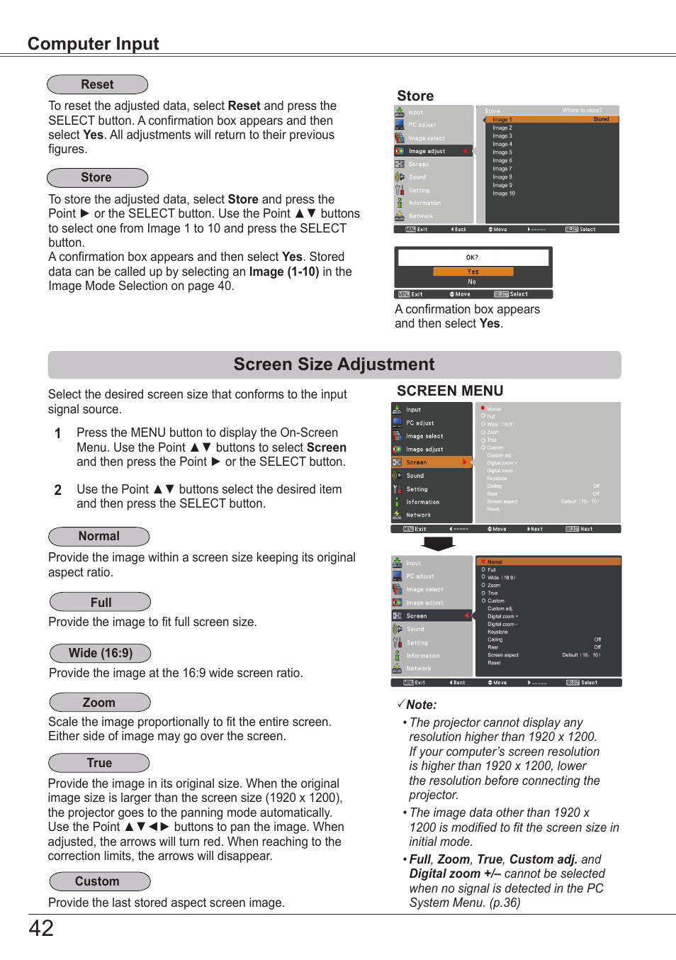 Screen size adjustment, Computer input | Sanyo PJLINK PLC-ZM5000L User Manual | Page 42 / 92