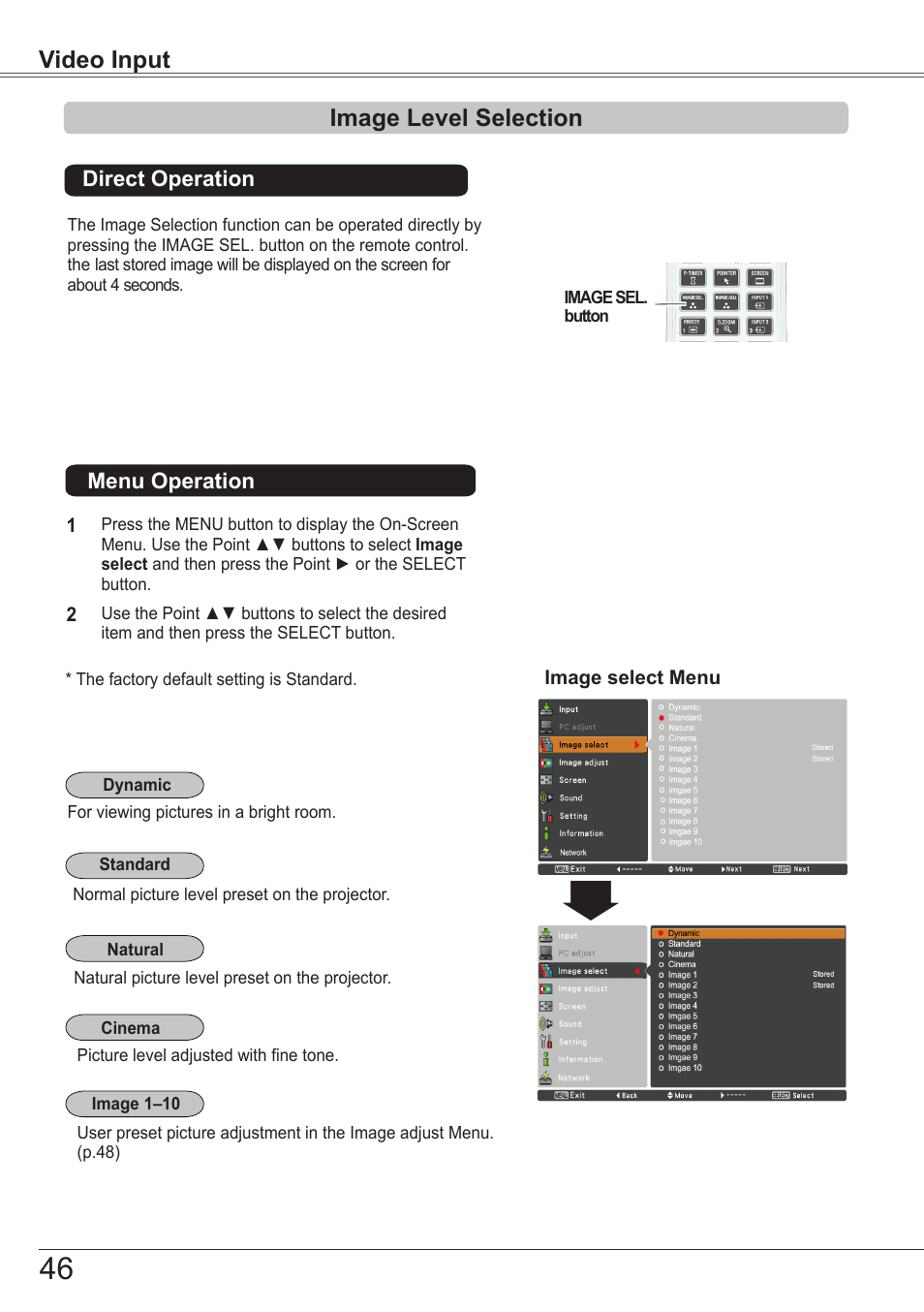 Image level selection, Video input image level selection | Sanyo PJLINK PLC-ZM5000L User Manual | Page 46 / 92
