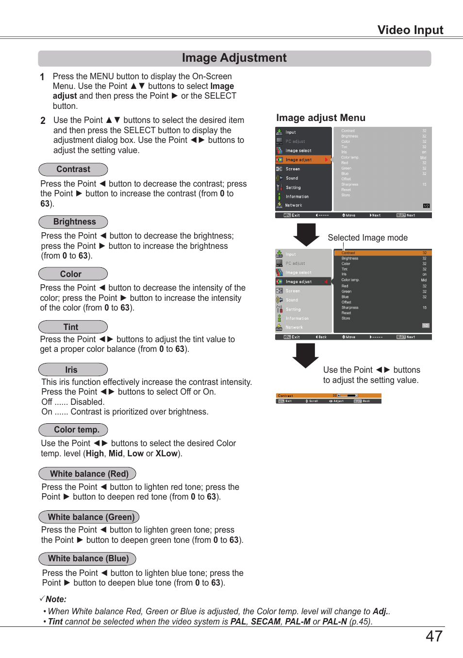 Image adjustment, Video input image adjustment | Sanyo PJLINK PLC-ZM5000L User Manual | Page 47 / 92