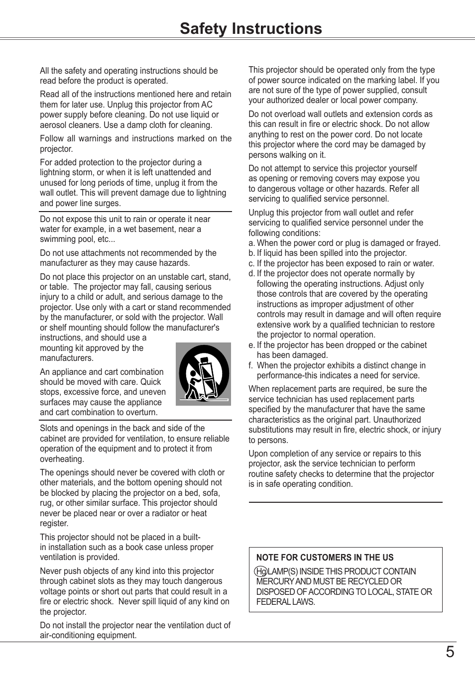 Safety instructions | Sanyo PJLINK PLC-ZM5000L User Manual | Page 5 / 92
