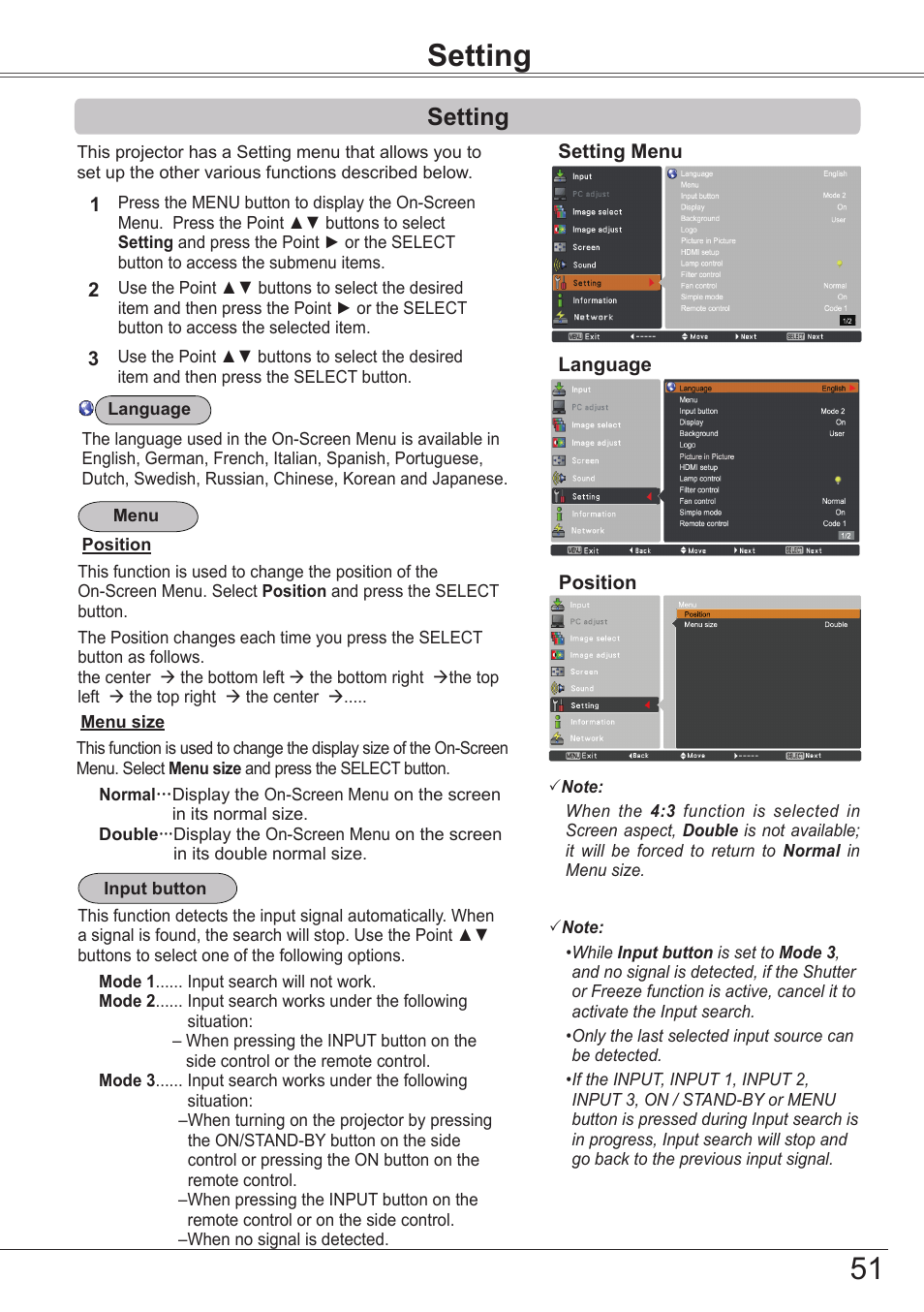 Setting | Sanyo PJLINK PLC-ZM5000L User Manual | Page 51 / 92