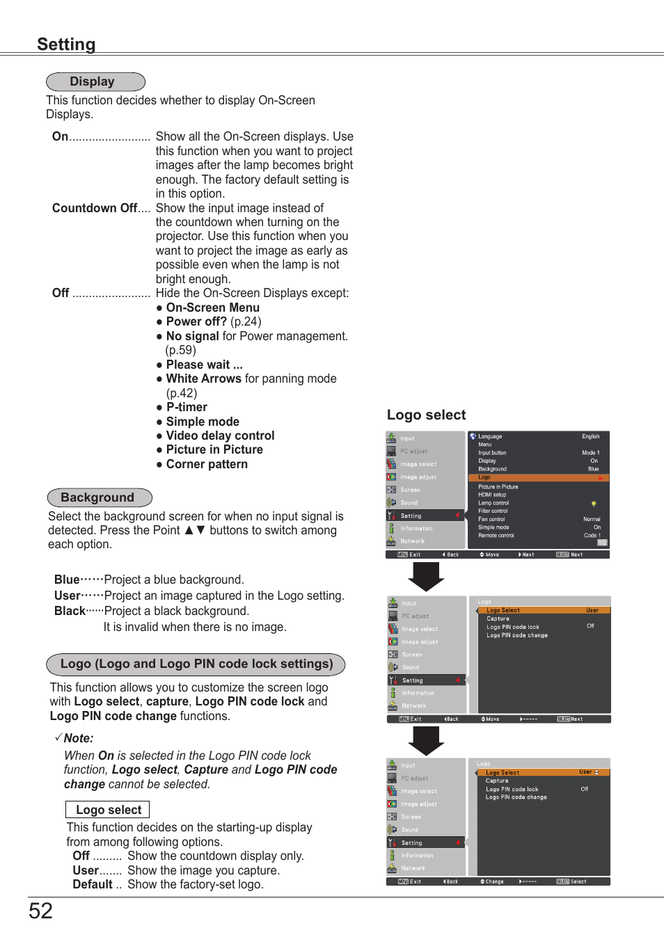 Setting | Sanyo PJLINK PLC-ZM5000L User Manual | Page 52 / 92