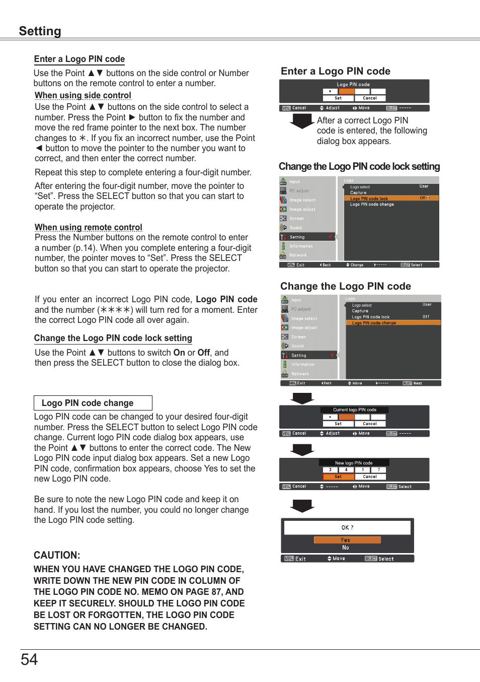 Setting | Sanyo PJLINK PLC-ZM5000L User Manual | Page 54 / 92