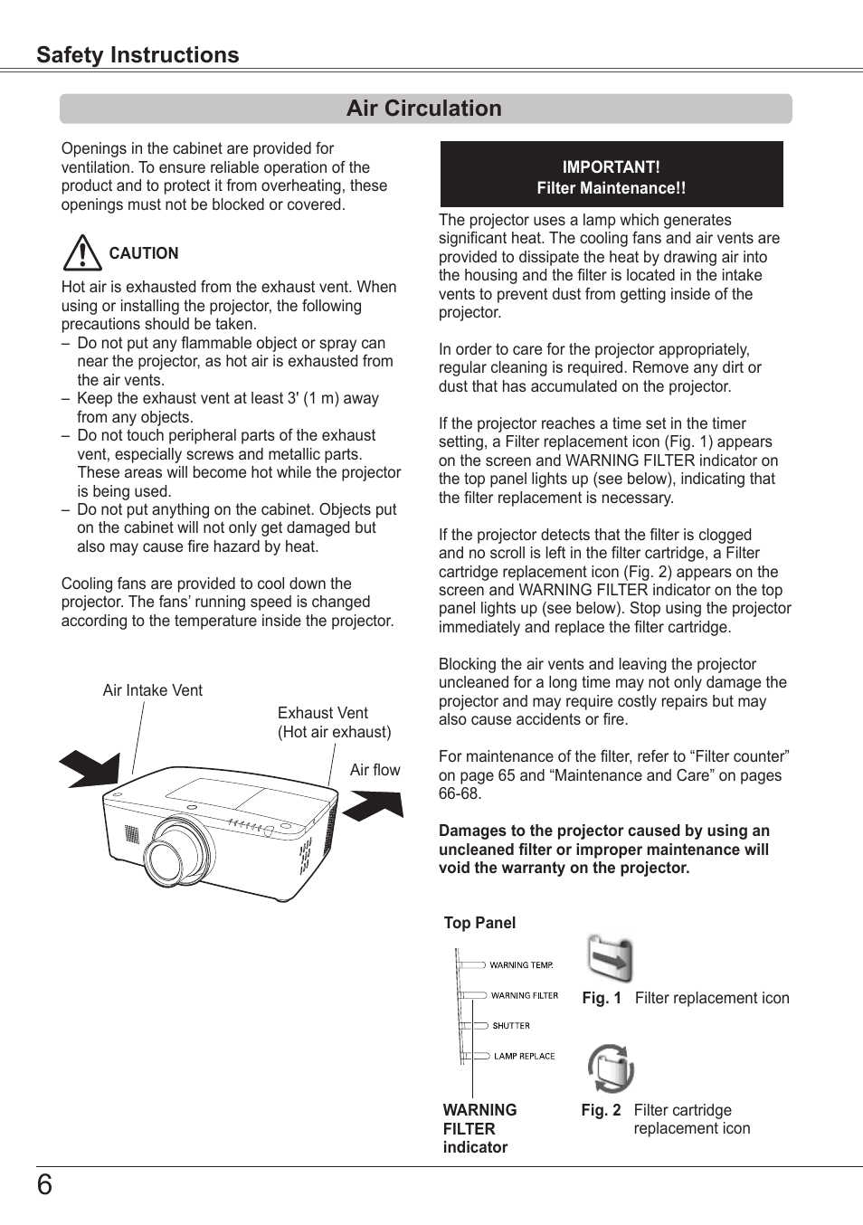 Air circulation, Safety instructions air circulation | Sanyo PJLINK PLC-ZM5000L User Manual | Page 6 / 92