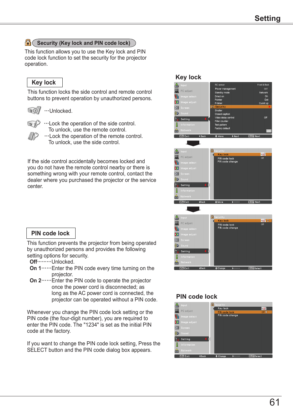 Setting | Sanyo PJLINK PLC-ZM5000L User Manual | Page 61 / 92