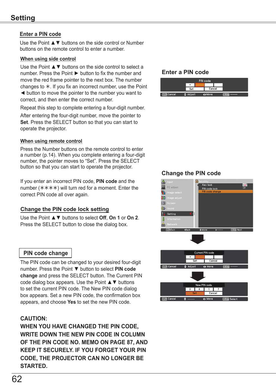 Setting | Sanyo PJLINK PLC-ZM5000L User Manual | Page 62 / 92