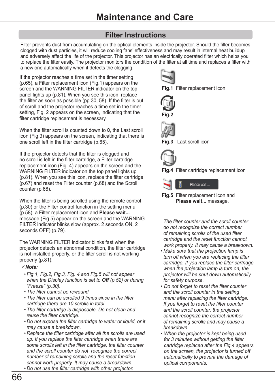 Maintenance and care, Filter instructions | Sanyo PJLINK PLC-ZM5000L User Manual | Page 66 / 92