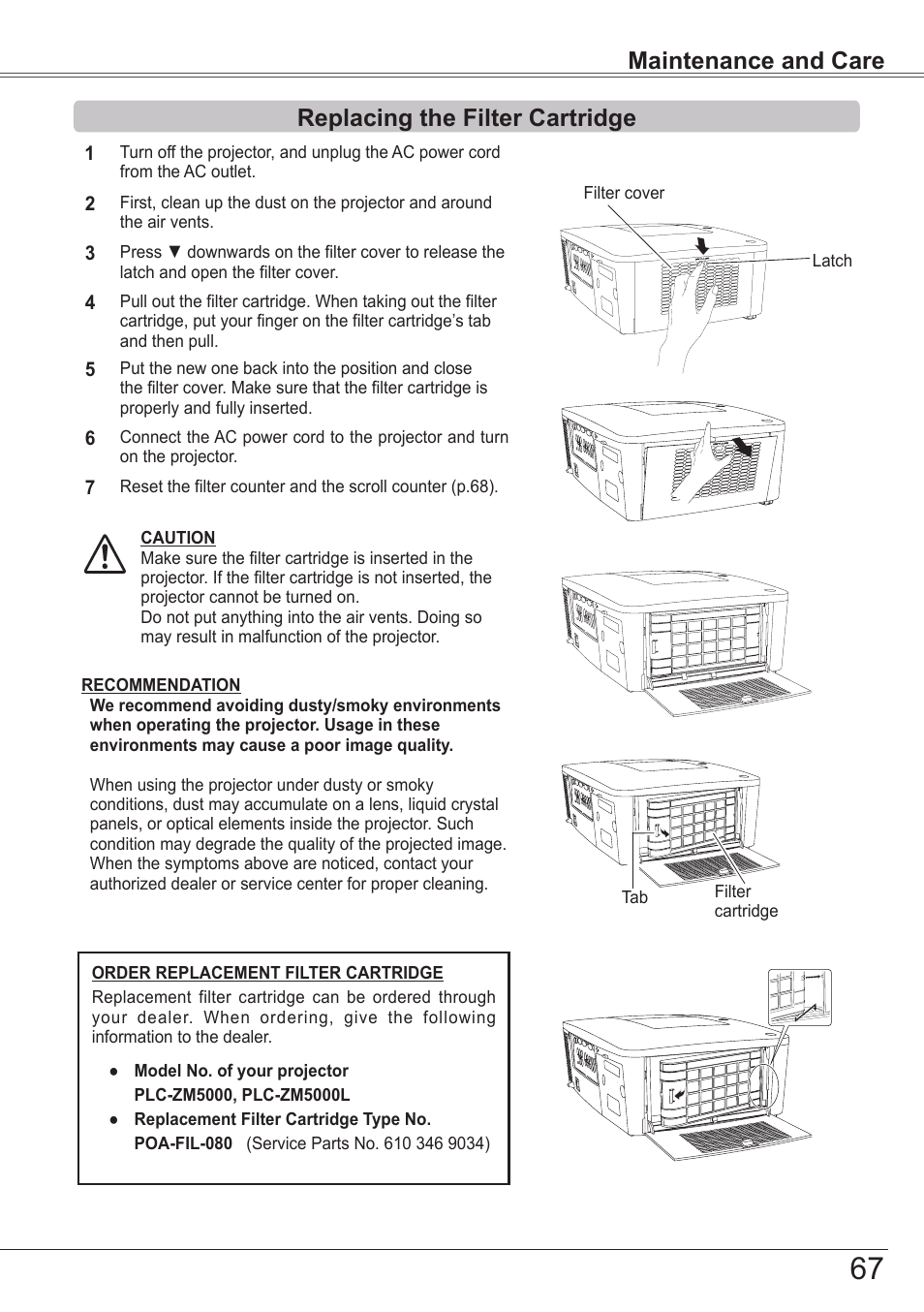 Replacing the filter cartridge | Sanyo PJLINK PLC-ZM5000L User Manual | Page 67 / 92