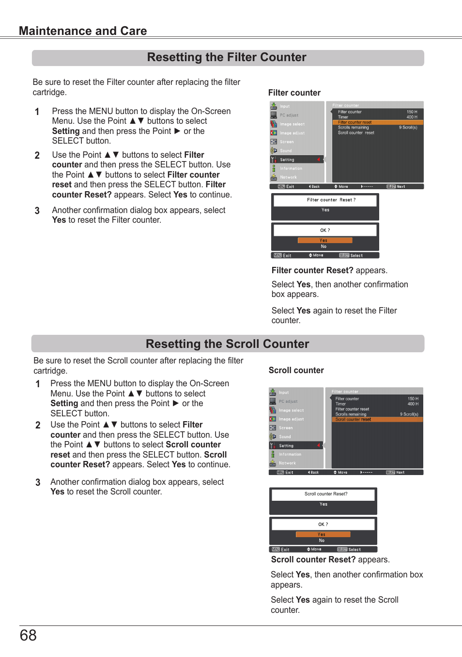 Resetting the filter counter, Resetting the scroll counter, Maintenance and care | Sanyo PJLINK PLC-ZM5000L User Manual | Page 68 / 92