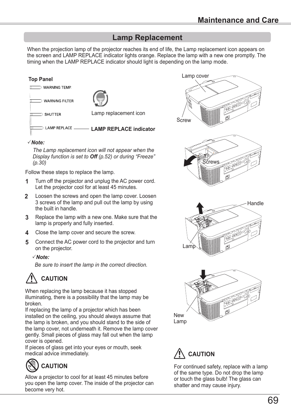 Lamp replacement, Maintenance and care lamp replacement | Sanyo PJLINK PLC-ZM5000L User Manual | Page 69 / 92