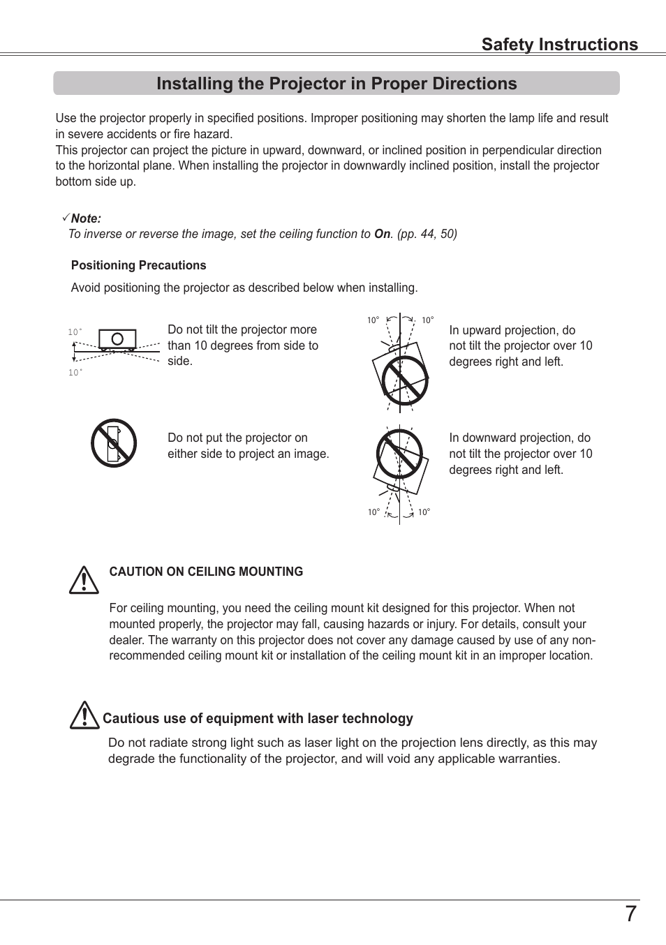 Installing the projector in proper directions, Safety instructions | Sanyo PJLINK PLC-ZM5000L User Manual | Page 7 / 92