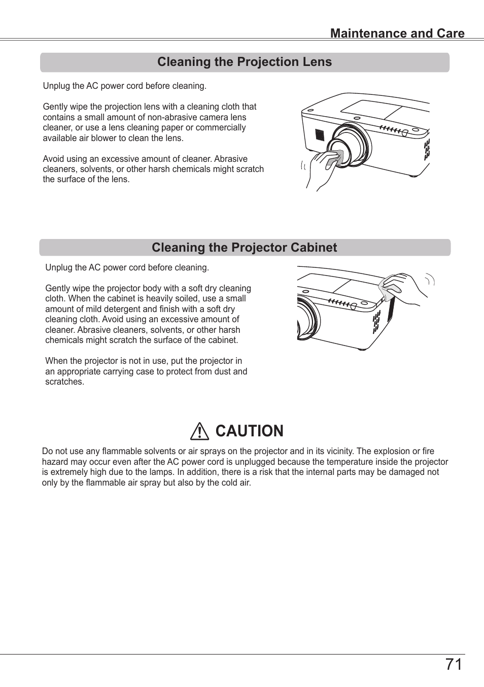 Cleaning the projection lens, Cleaning the projector cabinet, Caution 71 | Sanyo PJLINK PLC-ZM5000L User Manual | Page 71 / 92