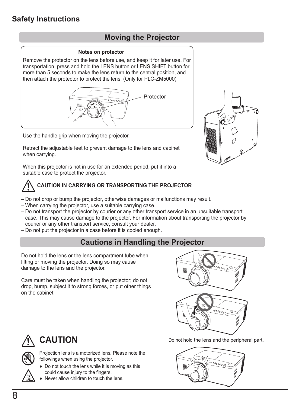 Moving the projector, Cautions in handling the projector, Caution | Sanyo PJLINK PLC-ZM5000L User Manual | Page 8 / 92