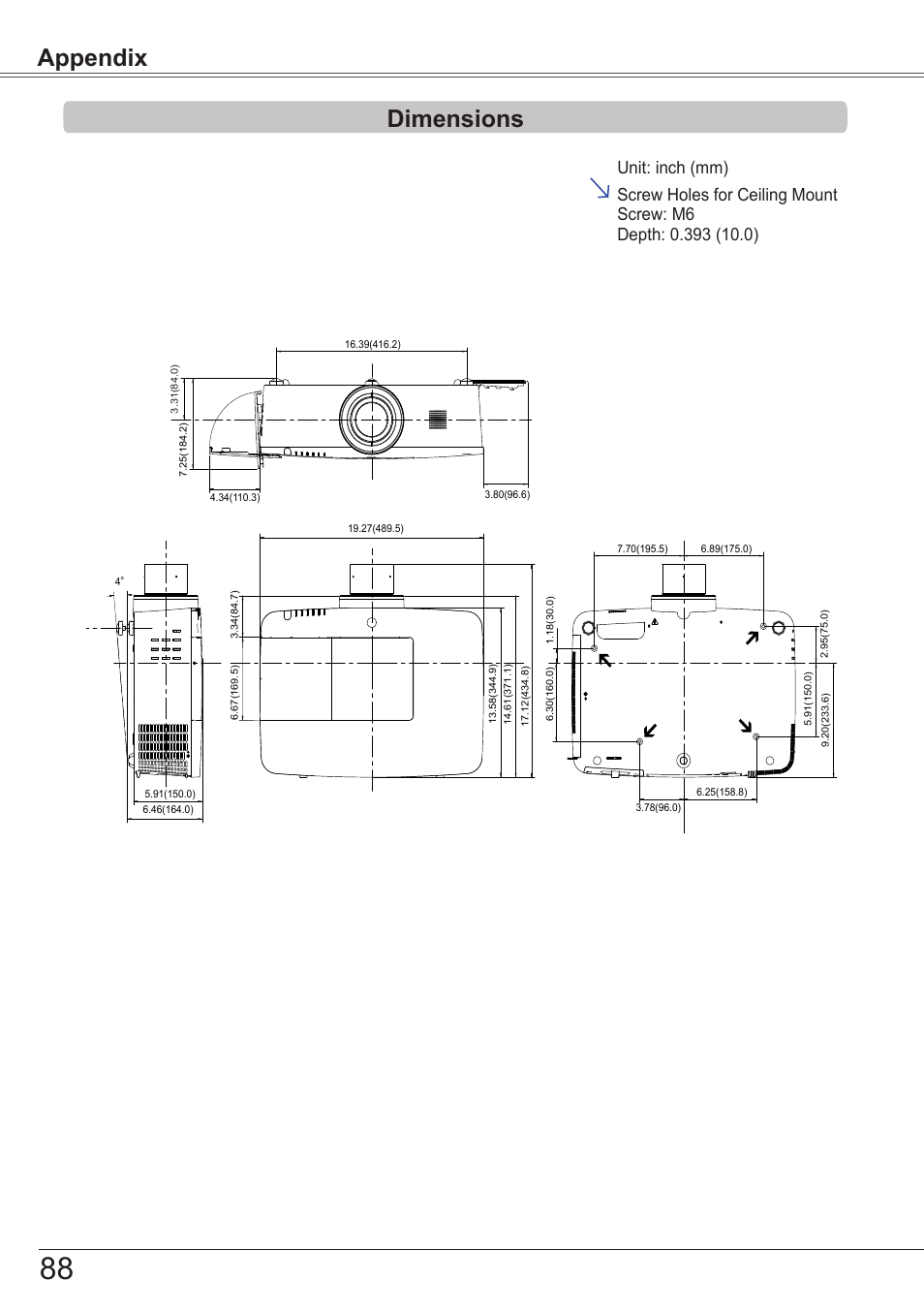 Dimensions, Appendix dimensions, Unit: inch (mm) | Sanyo PJLINK PLC-ZM5000L User Manual | Page 88 / 92