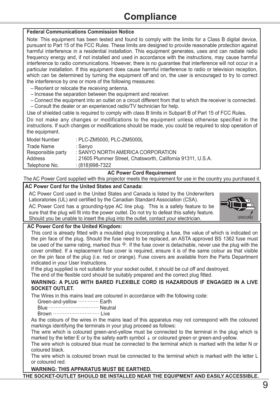 Compliance, Compliance 9 | Sanyo PJLINK PLC-ZM5000L User Manual | Page 9 / 92
