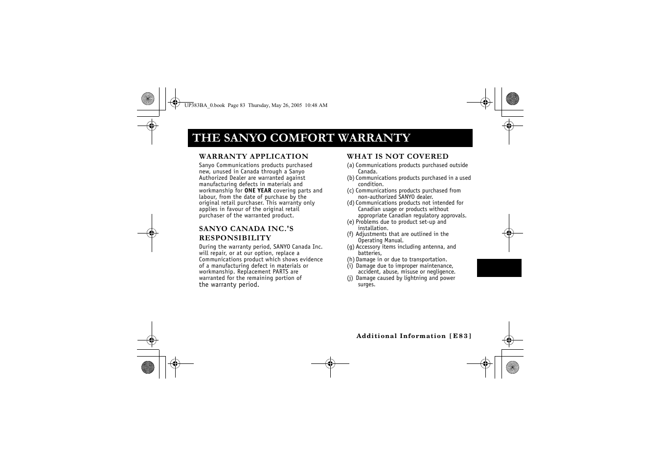 The sanyo comfort warranty | Sanyo CLT-E30 User Manual | Page 85 / 88
